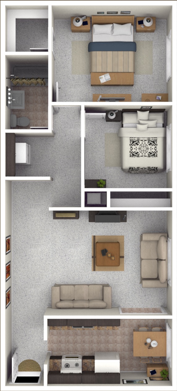 Floor plan for 2 beds, 1 bath, 917 sqft